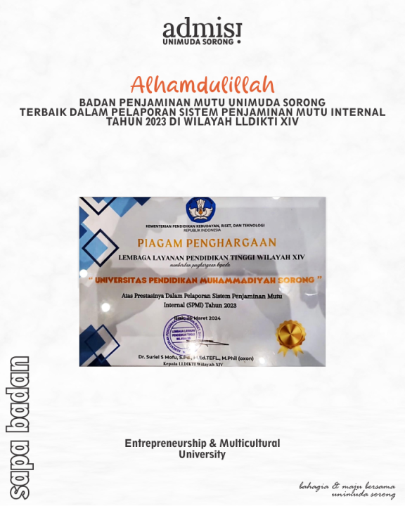 Alhamdulillah Badan Penjaminan Mutu UNIMUDA SORONG menjadi yang TERBAIK dalam Pelaporan Sistem Penjaminan Mutu Internal Tahun 2023 di Wilayah LLDIKTI XIV