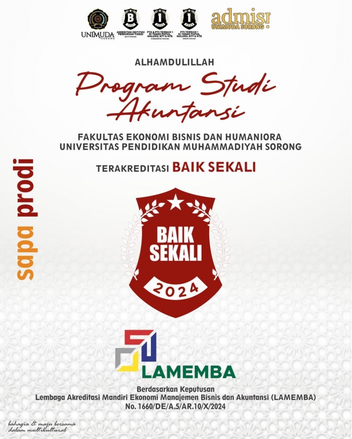 Alhamdulillah, Program Studi Akuntansi, Fakultas Ekonomi Bisnis dan Humaniora,UNIMUDA Sorong, Terakreditasi BAIK SEKALI