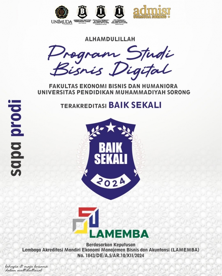 Alhamdulillah, Program Studi Bisnis Digital, Fakultas Ekonomi Bisnis dan Humaniora,UNIMUDA Sorong, Terakreditasi BAIK SEKALI