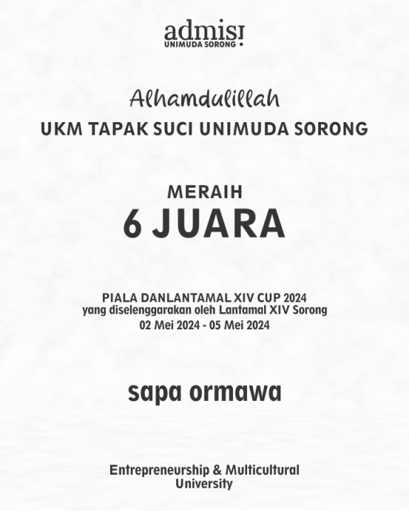 Lagi-lagi Prestasi, kali ini datang dari UKM TAPAK SUCI UNIMUDA Sorong yang berhasil meraih 6 JUARA dalam PIALA DANLATNTAMAL XIV Tahun 2024
