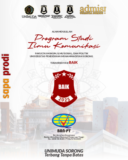 SAPA PRODI berprestasi kali ini datang dari PRODI ILMU KOMUNIKASI - FAKULTAS HUKUM, ILMU SOSIAL, DAN POLITIK, UNIMUDA SORONG, Terakreditasi BAIK