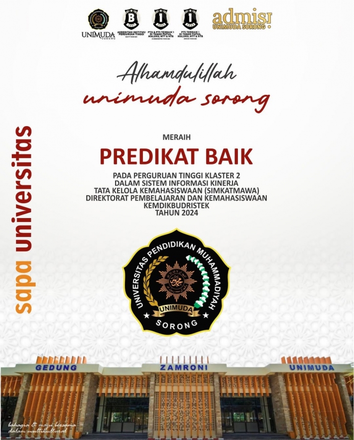 SAPA UNIVERSITAS kali ini UNIMUDA SORONG MERAIH PREDIKAT BAIK, Pada Perguruan Tinggi Klaster 2 Dalam Sistem Informasi Kinerja Tata Kelola Kemahasiswaa (SIMKATMAWA)